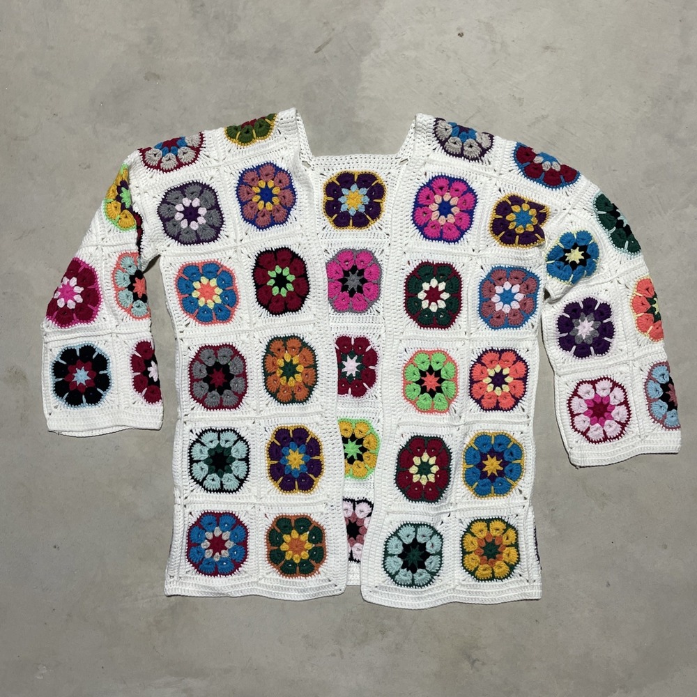 Granny Square Handmade Crochet Cardigan Woolen Knit Colorful Homemade SZ Medium